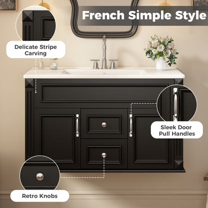 36" Floating Bathroom Vanity with Sink, Wall Mounted French Style Vanity with Stripe Carvings & Ceramic Sink for 4" Faucet, Overflow, Soft Close Door,Black