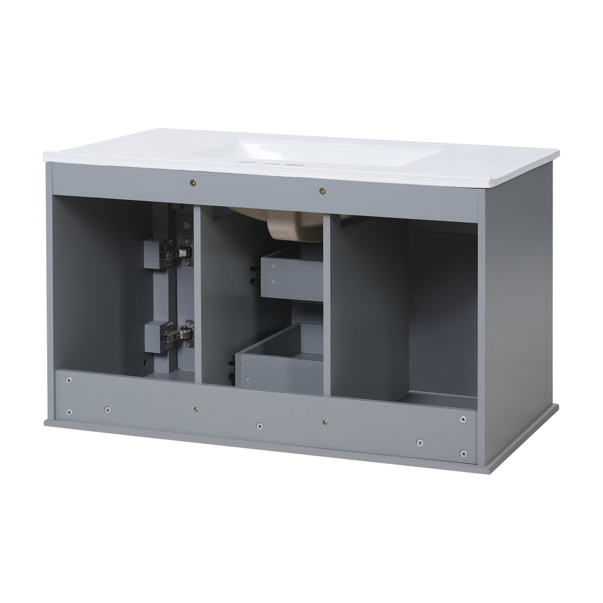 36" Floating Bathroom Vanity with Sink, Wall Mounted French Style Vanity with Stripe Carvings & Ceramic Sink for 4" Faucet, Overflow, Soft Close Door,Grey