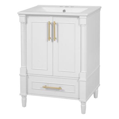 24" Bathroom Vanity with Sink, French Style Bathroom Vanity with Carved Legs & Drawer, Adjustable Shelf, Back Cutout for Plumbing, Soft Close Door,White