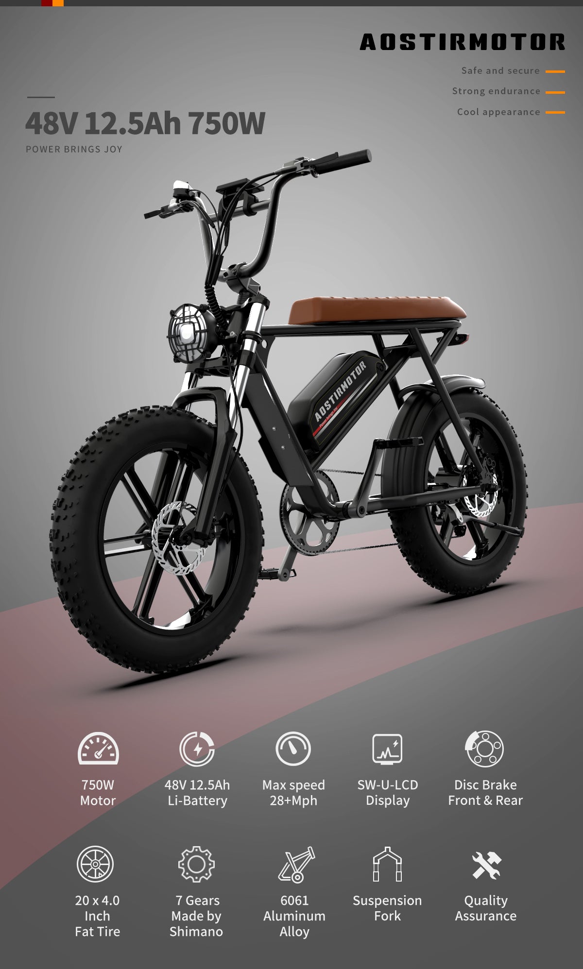 750W 20inch Fat Tires Electric Mountain Snow Bike 25 mph 48V 12.5AH Removable Lithium Battery Ebike