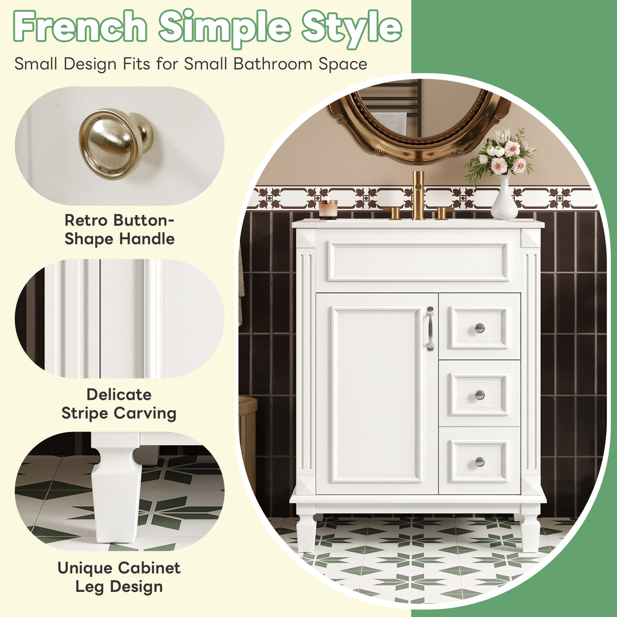 24" Bathroom Vanity with Sink, French Style Bathroom Vanity with 2 Deep Drawers & Adjustable Shelf, Ceramic Sink for 4-Inch Faucet, Soft Close Door,White
