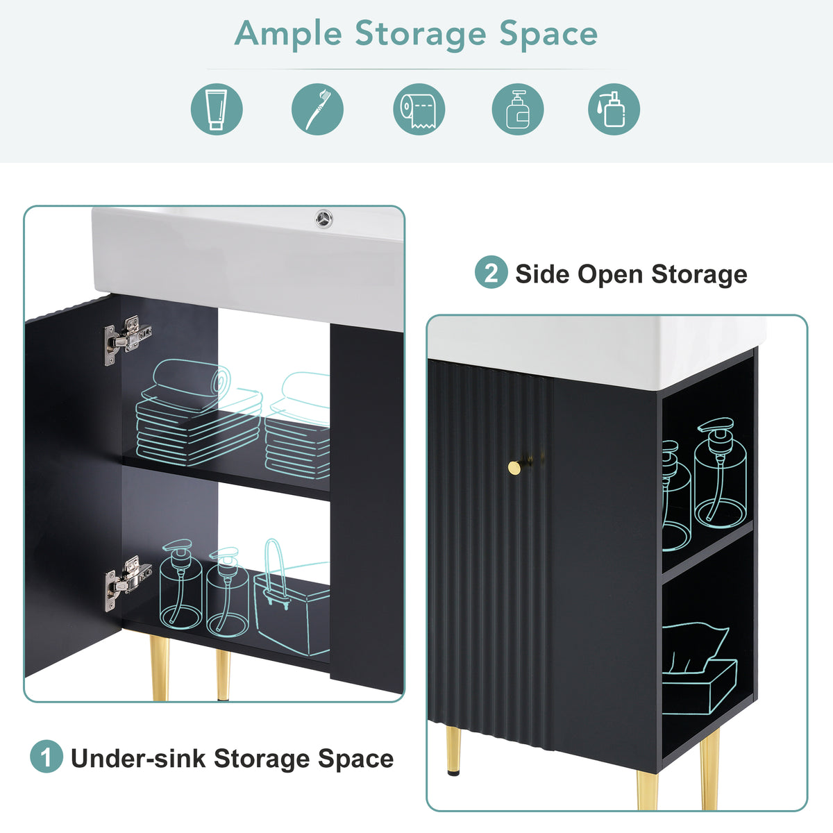 21.6" Bathroom Vanity with Sink, Slim Freestanding Bathroom Vanity Cabinet with Ceramic Sink & Overflow, Gold Metal Legs, Soft Close Door, for Small Bathroom,,Black