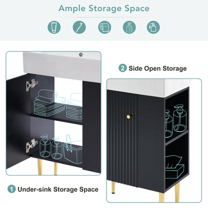 21.6" Bathroom Vanity with Sink, Slim Freestanding Bathroom Vanity Cabinet with Ceramic Sink & Overflow, Gold Metal Legs, Soft Close Door, for Small Bathroom,,Black