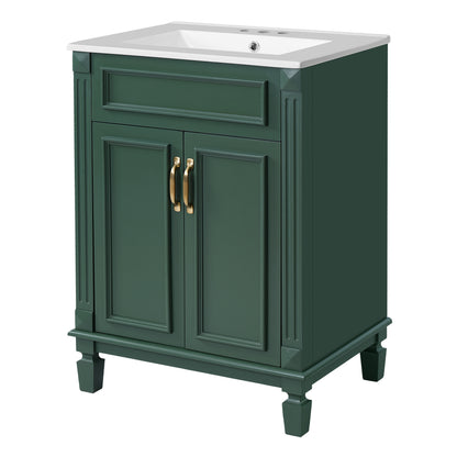 24" Bathroom Vanity with Sink, French Style Bathroom Vanity with Carved Legs & Drawer, Adjustable Shelf, Back Cutout for Plumbing, Soft Close Door,Green