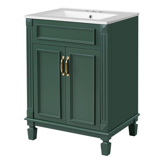 24" Bathroom Vanity with Sink, French Style Bathroom Vanity with Carved Legs & Drawer, Adjustable Shelf, Back Cutout for Plumbing, Soft Close Door,Green
