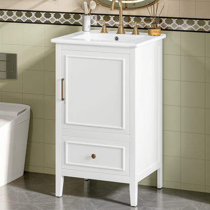 20" Bathroom Vanity with Sink, Half-Moon Ceramic Sink Basin with 3-Hole Faucet Mount, Bathroom Storage Cabinet with Drawer & Door Rack, Retro Gold Handle, White