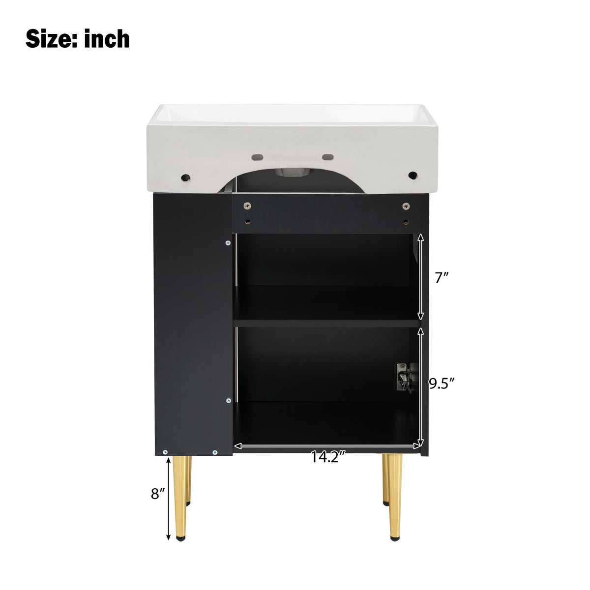 21.6" Bathroom Vanity with Sink, Slim Freestanding Bathroom Vanity Cabinet with Ceramic Sink & Overflow, Gold Metal Legs, Soft Close Door, for Small Bathroom,,Black