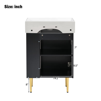 21.6" Bathroom Vanity with Sink, Slim Freestanding Bathroom Vanity Cabinet with Ceramic Sink & Overflow, Gold Metal Legs, Soft Close Door, for Small Bathroom,,Black