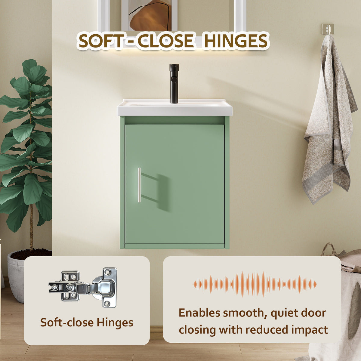 16" Floating Bathroom Vanity with Sink, Modern Wall Mounted Bathroom Vanity with Glossy White Ceramic Sink & Countertop, Soft Close Door, Plywood Storage Cabinet,Green
