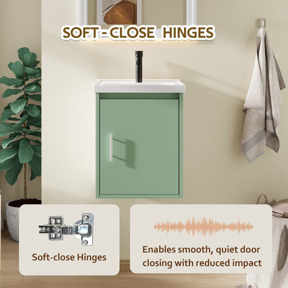 16" Floating Bathroom Vanity with Sink, Modern Wall Mounted Bathroom Vanity with Glossy White Ceramic Sink & Countertop, Soft Close Door, Plywood Storage Cabinet,Green
