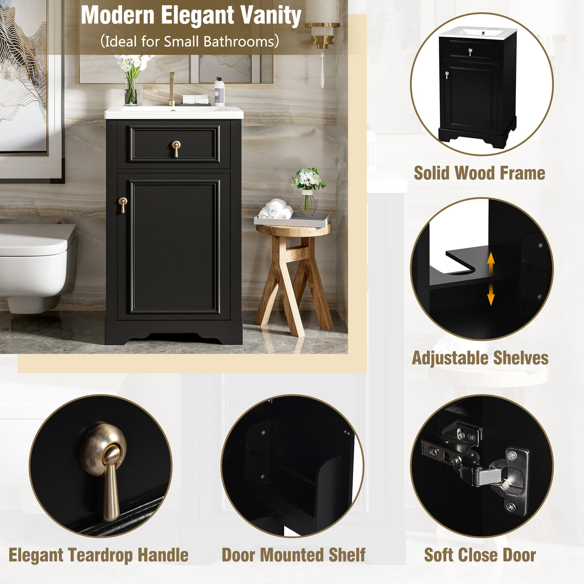 20" Bathroom Vanity with Sink, Classic Modern Bathroom Vanity Cabinet with U-Shaped Adjustable Shelf & Door Rack, Soft Close Door, Aluminum Handle,Black