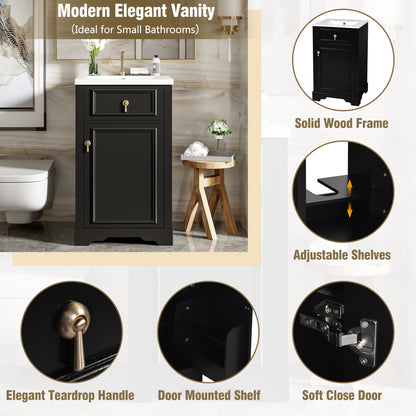 20" Bathroom Vanity with Sink, Classic Modern Bathroom Vanity Cabinet with U-Shaped Adjustable Shelf & Door Rack, Soft Close Door, Aluminum Handle,Black