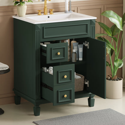 24" Bathroom Vanity with Sink, French Style Bathroom Vanity with 2 Deep Drawers & Adjustable Shelf, Ceramic Sink for 4-Inch Faucet, Soft Close Door,Green