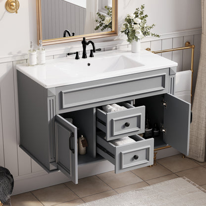36" Floating Bathroom Vanity with Sink, Wall Mounted French Style Vanity with Stripe Carvings & Ceramic Sink for 4" Faucet, Overflow, Soft Close Door,Grey