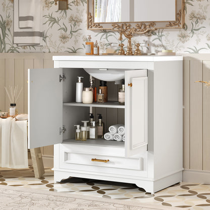 30" Bathroom Vanity with Sink, Traditional Bathroom Vanity with Carved Detail & Solid Wood Frame, Double Doors & Drawer, Ceramic Sink with Overflow,White