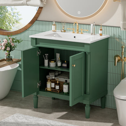 30" Bathroom Vanity with Sink, French Style Small Bathroom Vanity with Semi-Circular Column Design, Ceramic Sink with Overflow, Soft Close Door,Green