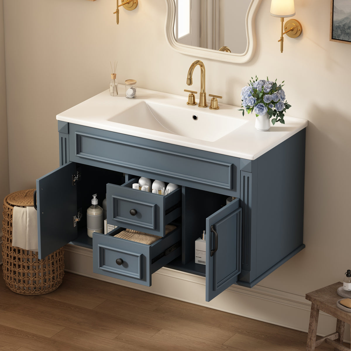 36" Floating Bathroom Vanity with Sink, Wall Mounted French Style Vanity with Stripe Carvings & Ceramic Sink for 4" Faucet, Overflow, Soft Close Door,Blue