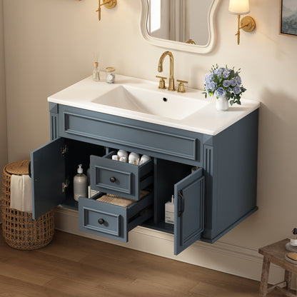 36" Floating Bathroom Vanity with Sink, Wall Mounted French Style Vanity with Stripe Carvings & Ceramic Sink for 4" Faucet, Overflow, Soft Close Door,Blue