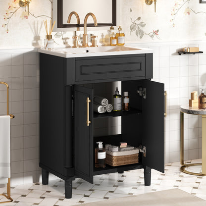 24" Bathroom Vanity with Sink, Modern Bathroom Vanity with Half-Moon Ceramic Sink for 4" Faucet, Adjustable Shelf & Painted Finish, for Small Bathroom,Black