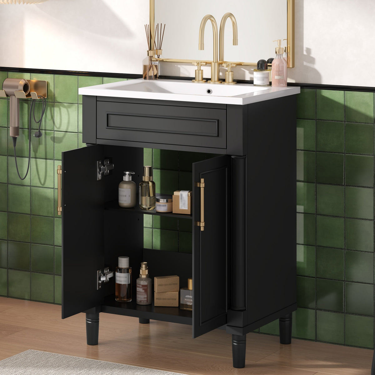 24" Bathroom Vanity with Sink, Modern Bathroom Vanity with Half-Moon Ceramic Sink for 4" Faucet, Adjustable Shelf & Painted Finish, for Small Bathroom,Black
