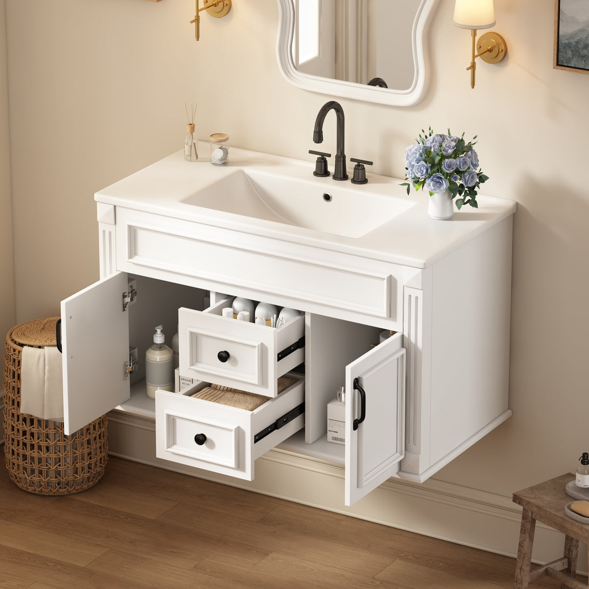 36" Floating Bathroom Vanity with Sink, Wall Mounted French Style Vanity with Stripe Carvings & Ceramic Sink for 4" Faucet, Overflow, Soft Close Door,White