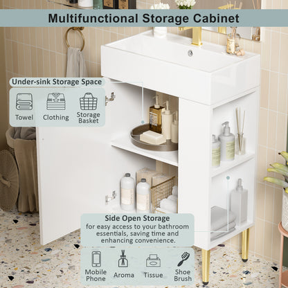 21.6" Bathroom Vanity with Sink, Slim Freestanding Bathroom Vanity Cabinet with Ceramic Sink & Overflow, Gold Metal Legs, Soft Close Door, for Small Bathroom,,White