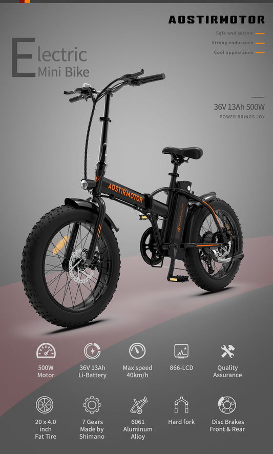 500W Folding 20-Inch Fat Tire Electric Bike 25 mph 36V 13Ah Lithium Battery Adult