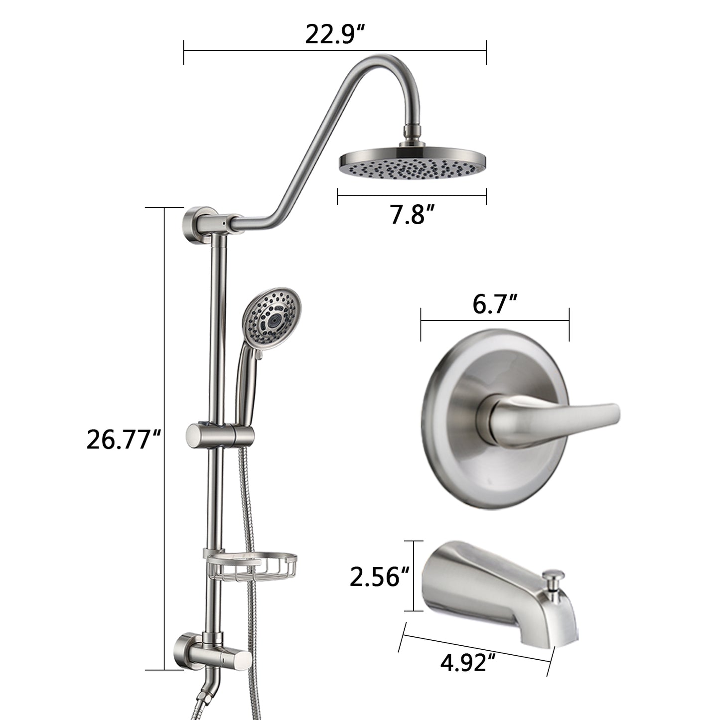 Brushed Nickel Bathroom Shower Head and Handheld Showerhead Combo Shower System with Tub Spout, 8 inch Top Shower and 5 jets handheld shower, soap dish included, Rough-in Valve Included