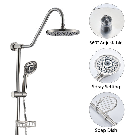 Brushed Nickel Bathroom Shower Head and Handheld Showerhead Combo Shower System with Tub Spout, 8 inch Top Shower and 5 jets handheld shower, soap dish included, Rough-in Valve Included