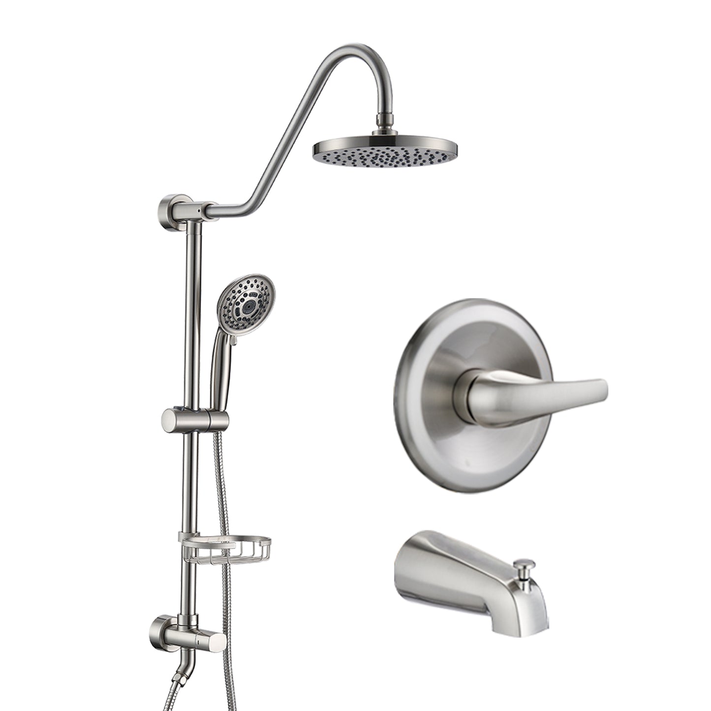 Brushed Nickel Bathroom Shower Head and Handheld Showerhead Combo Shower System with Tub Spout, 8 inch Top Shower and 5 jets handheld shower, soap dish included, Rough-in Valve Included