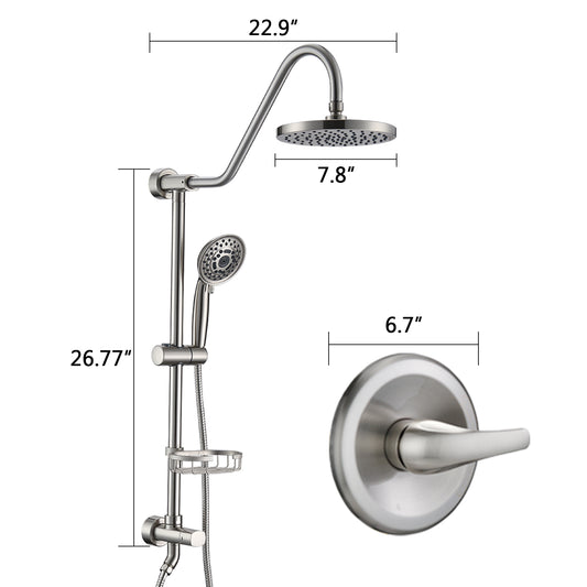 Brushed Nickel Bathroom Shower Head and Handheld Showerhead Combo Shower System, 8 inch Top Shower and 5 jets handheld shower, soap dish included, Rough-in Valve Included