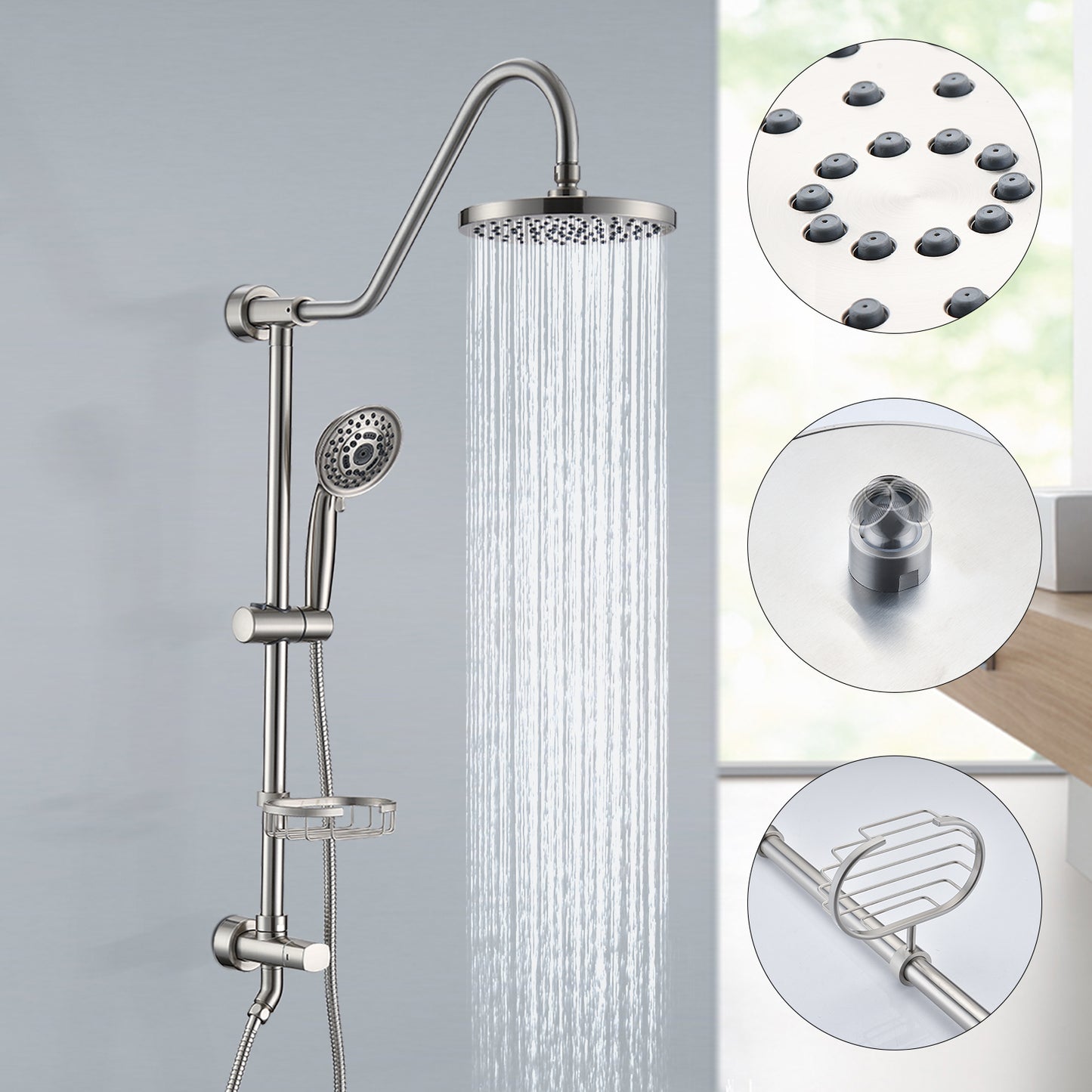 Brushed Nickel Bathroom Shower Head and Handheld Showerhead Combo Shower System, 8 inch Top Shower and 5 jets handheld shower, soap dish included, Rough-in Valve Included