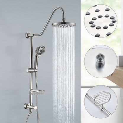 Brushed Nickel Bathroom Shower Head and Handheld Showerhead Combo Shower System, 8 inch Top Shower and 5 jets handheld shower, soap dish included, Rough-in Valve Included