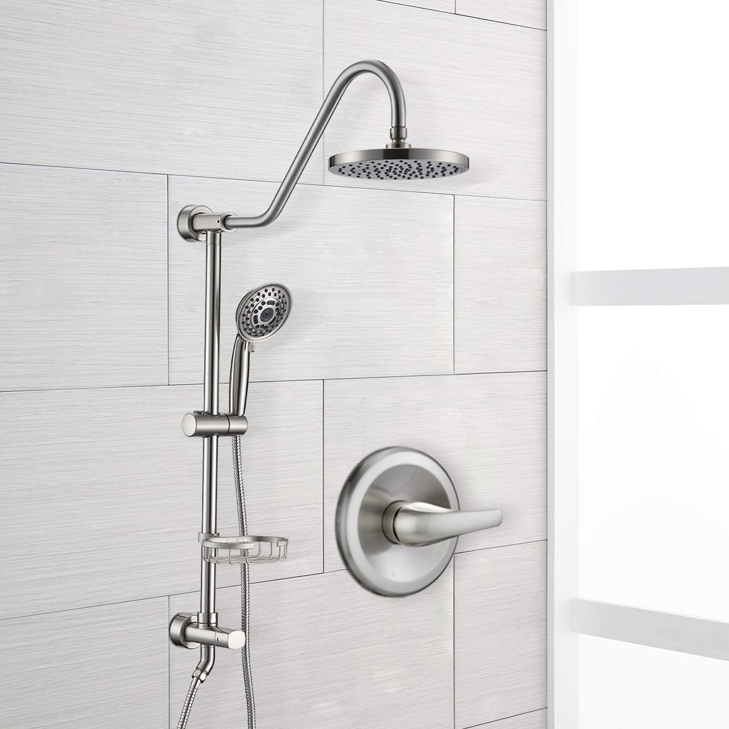 Brushed Nickel Bathroom Shower Head and Handheld Showerhead Combo Shower System, 8 inch Top Shower and 5 jets handheld shower, soap dish included, Rough-in Valve Included