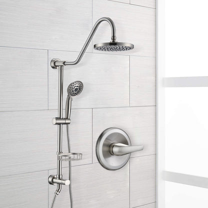 Brushed Nickel Bathroom Shower Head and Handheld Showerhead Combo Shower System, 8 inch Top Shower and 5 jets handheld shower, soap dish included, Rough-in Valve Included
