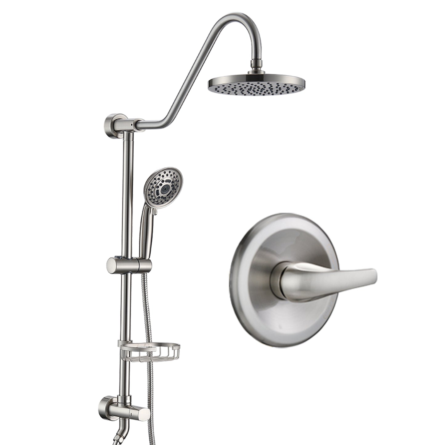 Brushed Nickel Bathroom Shower Head and Handheld Showerhead Combo Shower System, 8 inch Top Shower and 5 jets handheld shower, soap dish included, Rough-in Valve Included