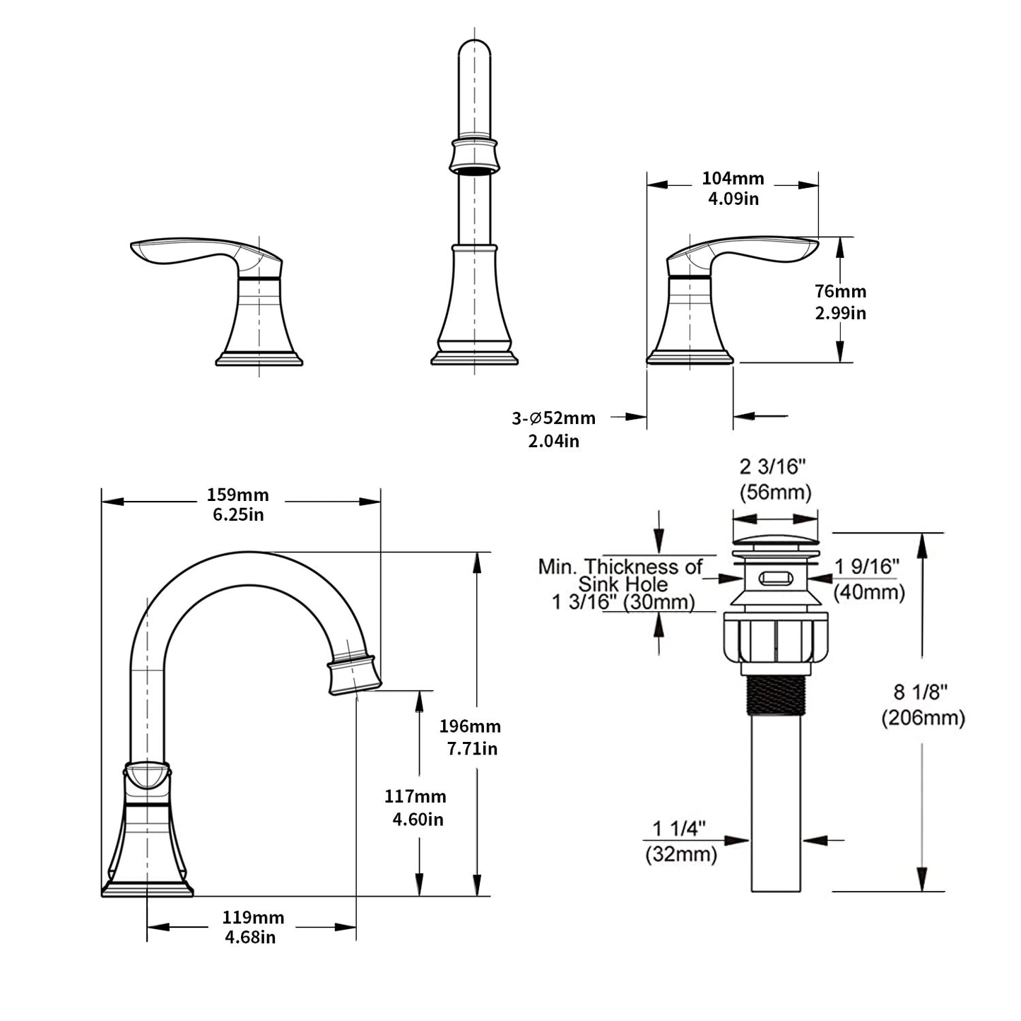 Bathroom Widespread Three Hole Sink Faucet Matte Black Two Handles With Pop-up Drain W108368826