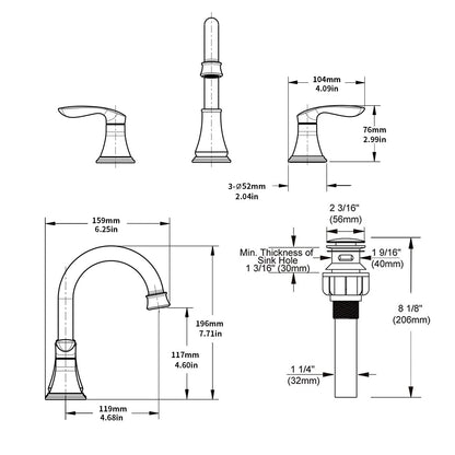 Bathroom Widespread Three Hole Sink Faucet Matte Black Two Handles With Pop-up Drain W108368826