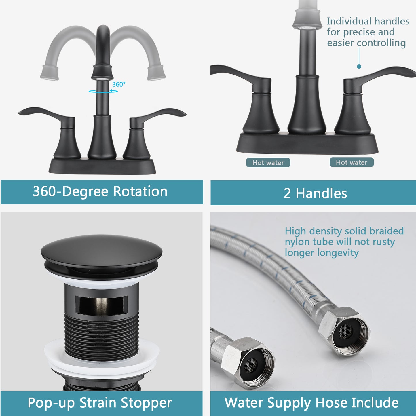 Bathroom Centerset Sink Faucet Matte Black Double Handles With Pop-up Drain W122470262