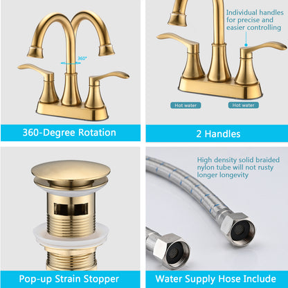 Bathroom Centerset Sink Faucet Gold Double Handles With Pop-up Drain W122470331