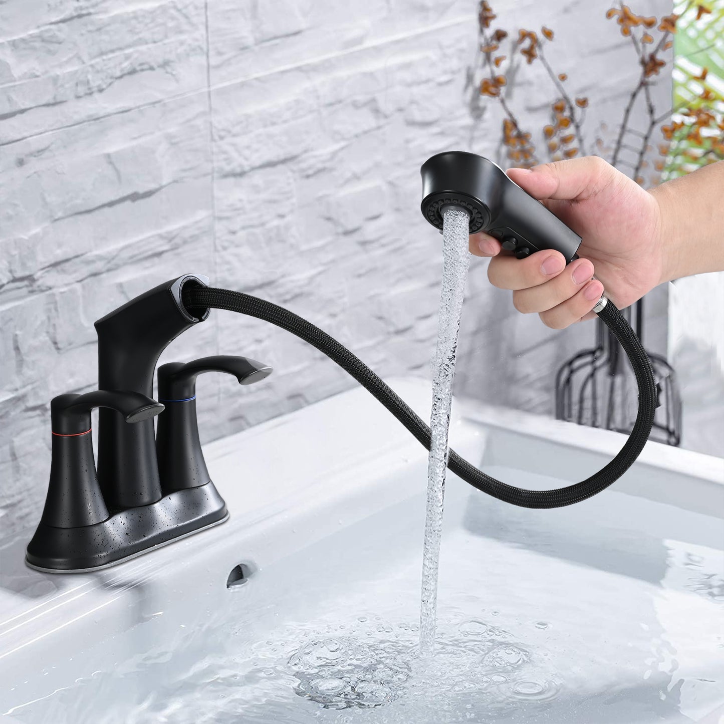 Bathroom Centerset Pull Out Sink Faucet Matte Black Double Handle W122470435