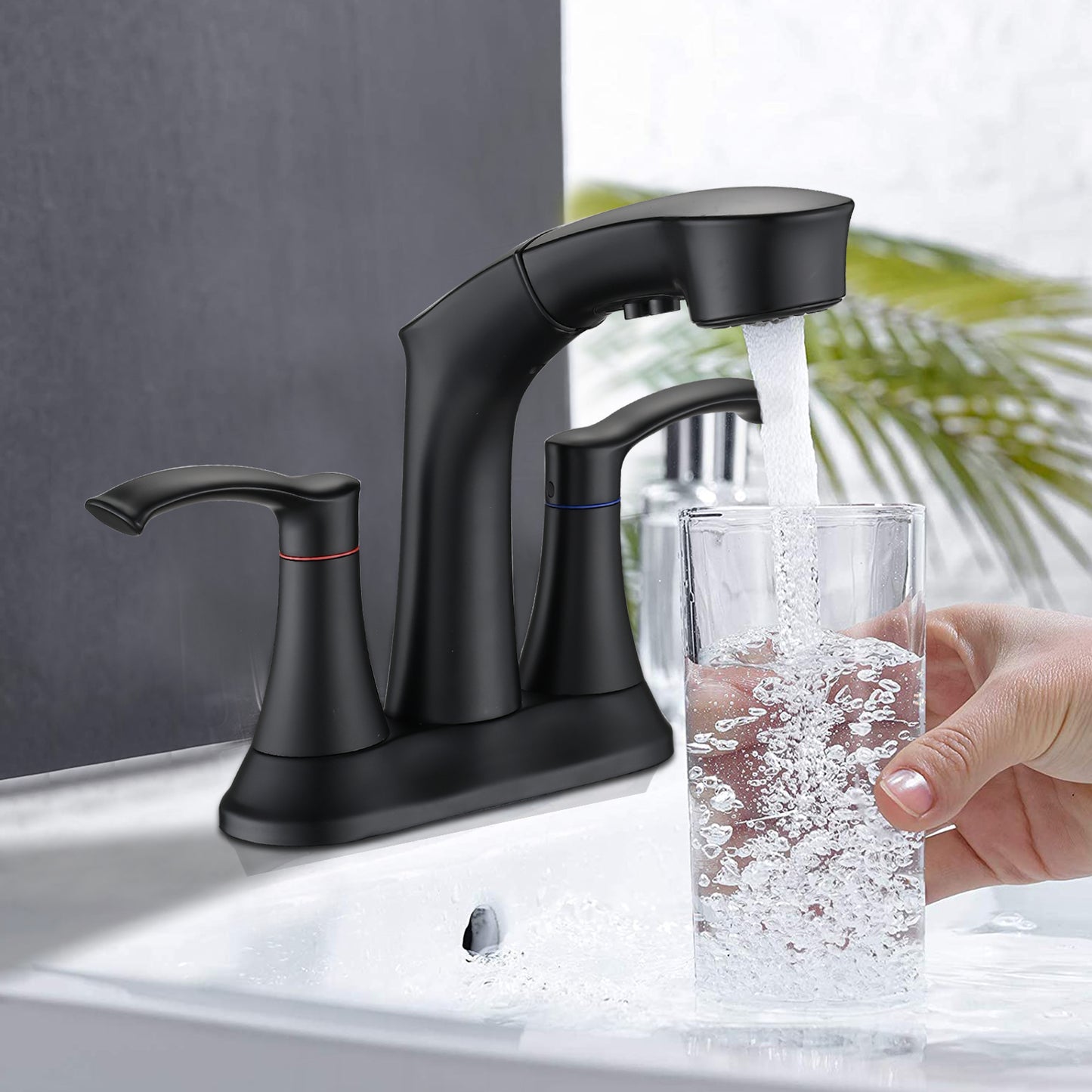 Bathroom Centerset Pull Out Sink Faucet Matte Black Double Handle W122470435