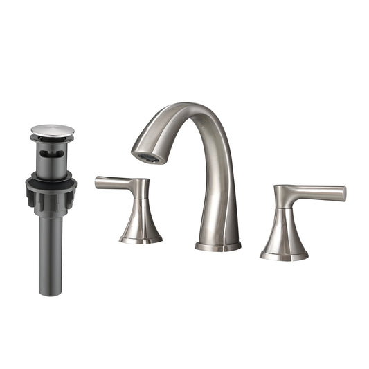 Bathroom Widespread Three Hole Sink Faucet Brushed Nickel Two Handles With Pop-up Drain Round W122471404