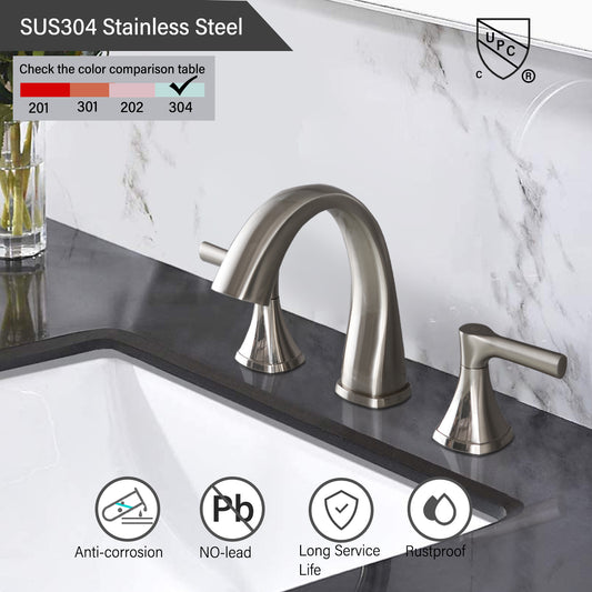 8-Inch Widespread Bathroom Faucet, Brushed Nickel, 2-Handle 3-Hole Vanity Sink Faucet with Pop-Up Drain, Round Style