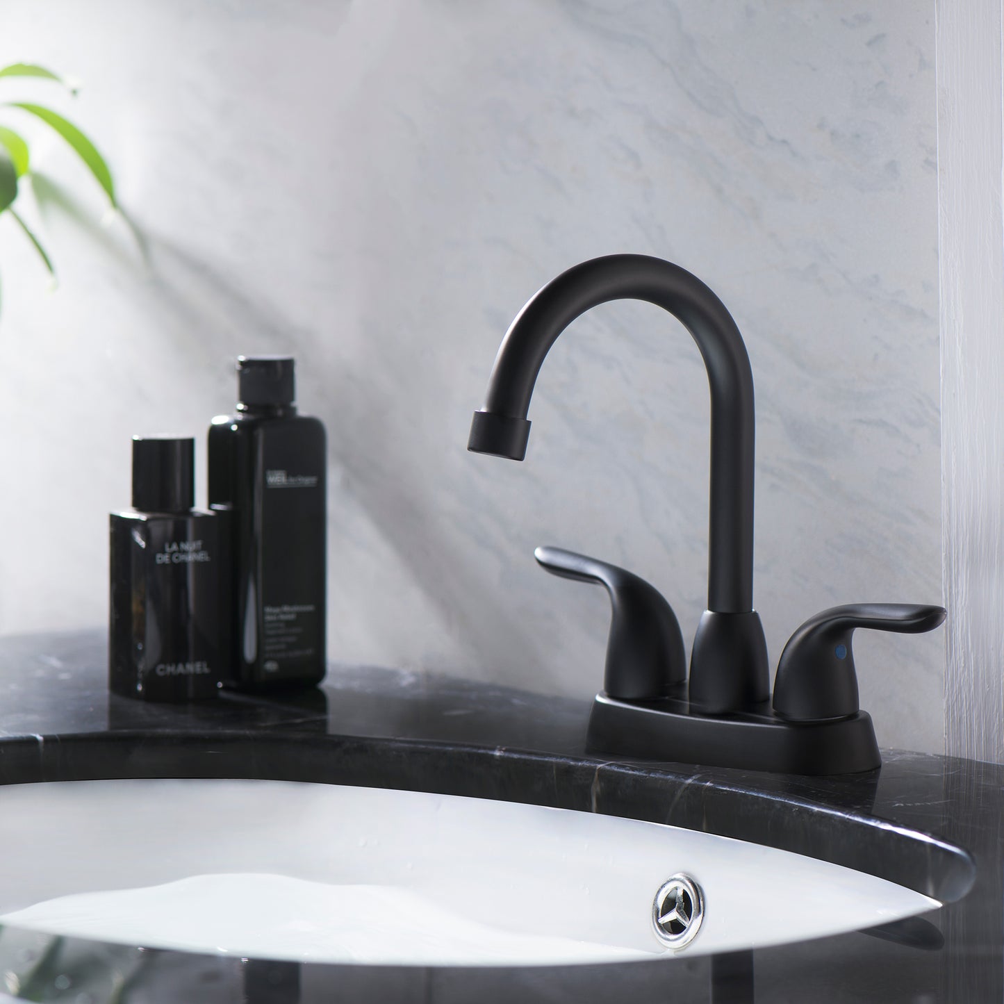 Bathroom Centerset Sink Faucet Matte Black Double Handles With Pop-up Drain W124372192