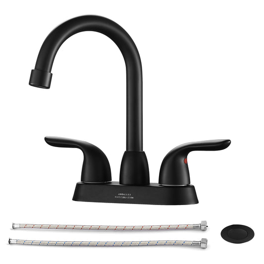 Bathroom Centerset Sink Faucet Matte Black Double Handles With Pop-up Drain W124372192