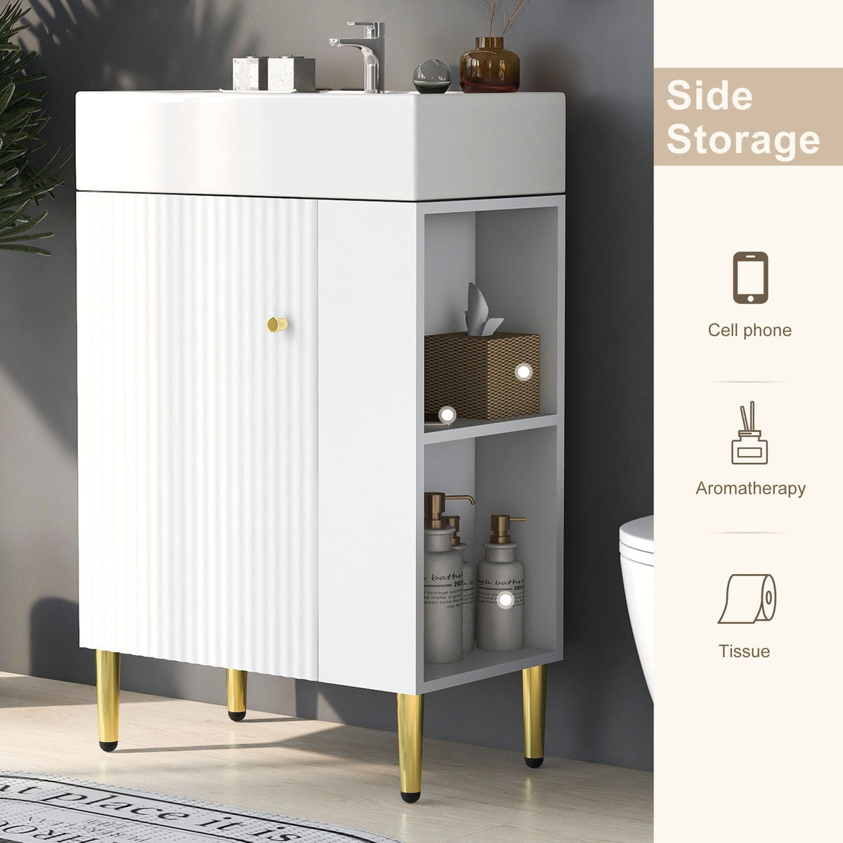 21.6" Bathroom Vanity with Sink, Slim Freestanding Bathroom Vanity Cabinet with Ceramic Sink & Overflow, Gold Metal Legs, Soft Close Door, for Small Bathroom,,White