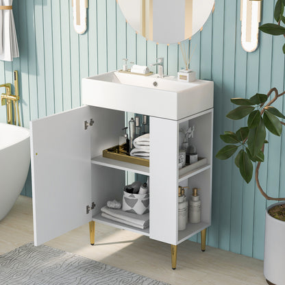 21.6" Bathroom Vanity with Sink, Slim Freestanding Bathroom Vanity Cabinet with Ceramic Sink & Overflow, Gold Metal Legs, Soft Close Door, for Small Bathroom,,White