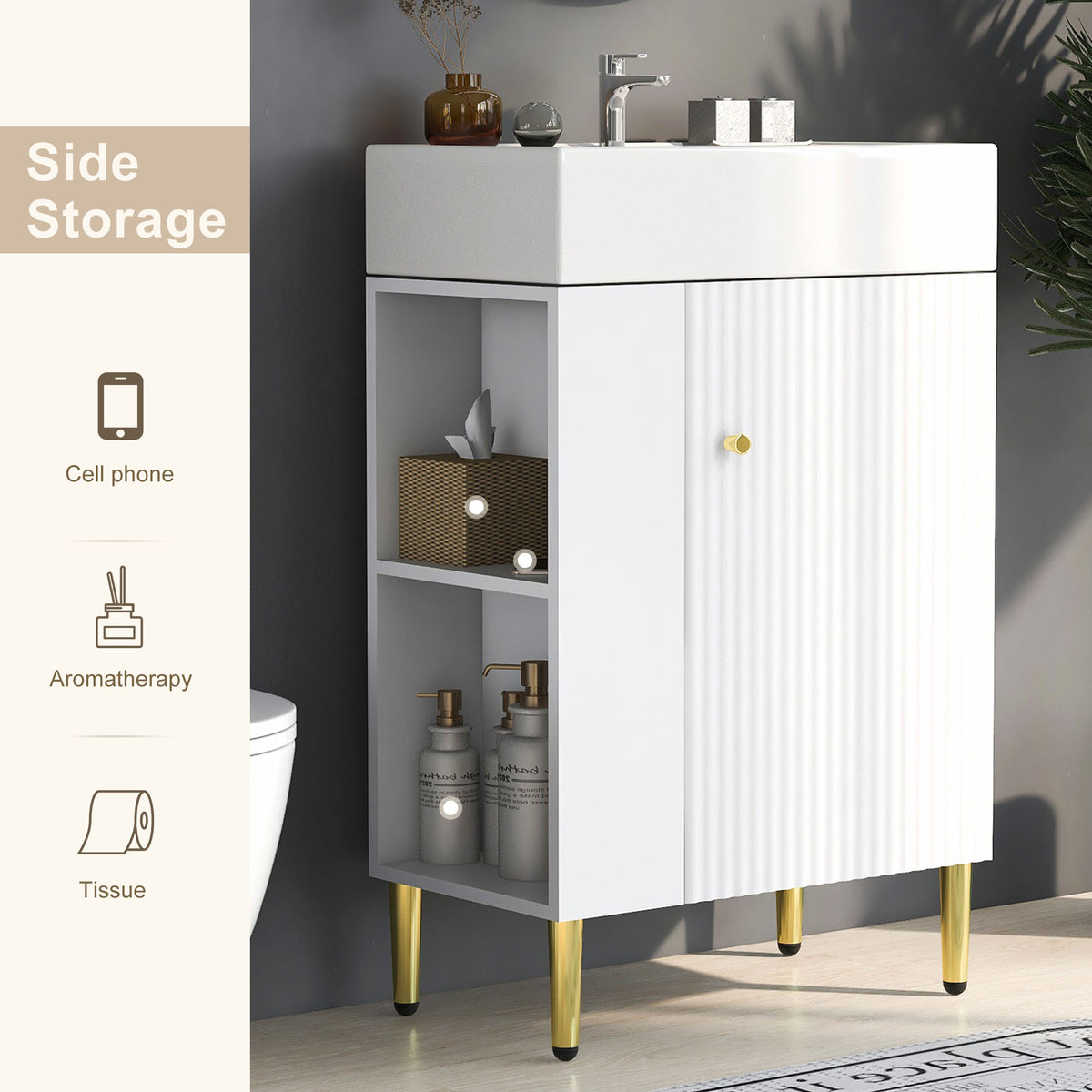 21.6" Bathroom Vanity with Sink, Slim Freestanding Bathroom Vanity Cabinet with Ceramic Sink & Overflow, Gold Metal Legs, Soft Close Door, for Small Bathroom,,White