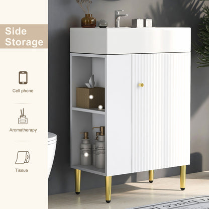 21.6" Bathroom Vanity with Sink, Slim Freestanding Bathroom Vanity Cabinet with Ceramic Sink & Overflow, Gold Metal Legs, Soft Close Door, for Small Bathroom,,White